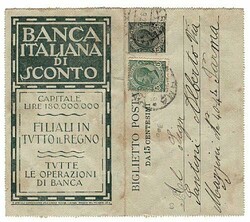 RB 2/1, 15 c. Banca It. di Sconto - da Parma per città con agg. ...
