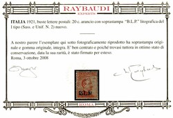 B.L.P. 20 c. I tipo ottimamente centrato (2). Bello e molto raro. ...