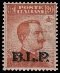 B.L.P. 20 c. II tipo soprastampa in nero ottimamente centrato (7A). ...