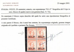 B.L.P. 20 c. II tipo soprastampa in nero ottimamente centrato (7A). ...