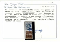 Tagliacozzo 25 c. ben centrato (8). Cert. Colla. Catalog price: 3600 ...