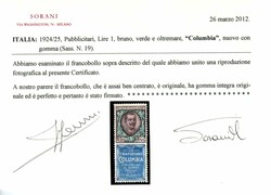 Columbia 1 l. ottimamente centrato (19). Cert. Sor. Catalog price: ...