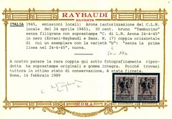 C.L.N. Arona 30 c. Tamburino senza filigrana coppia orizzontale con ...