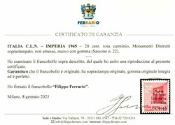 C.L.N. Imperia 20 c. non emesso (22). Bello e raro Ray. Catalog price ...