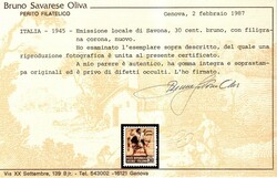 Savona 30 c. Tamburino filigrana corona (12). Splendido e raro, ...