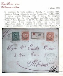 Raccomandata da TUNISI * POSTE ITALIANE * 1.11.89 con Regno Umberto I ...