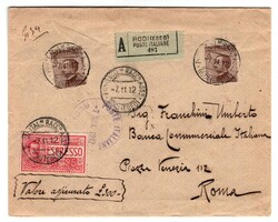 Assicurata 300 l. espresso da Rodi (Egeo) Poste Italiane Racc. Assic. ...