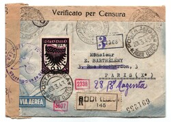 Francia - raccomandata aerea da Rodi (Egeo) 23.3.43 a Parigi con PA ...