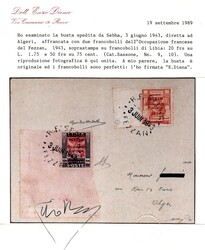 Da Fezzan 3.6.43 ad Algeri con alti valori 20 fr./1,75 fr. + 50 fr ...