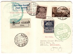 23.5.33 - raccomandata aerea Via Zeppelin da Rodi (Egeo) a Zurigo con ...