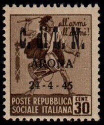 C.L.N. Arona - Mon. distrutti 30 c. senza filigrana (17). Bello e ...