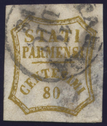 80 c. bistro oliva con grandi margini, annullato PARMA 17 DIC 1859 ...