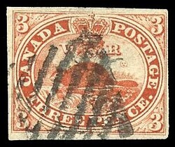3p Red on soft ribbed paper, Toronto diamond grid cancel, VF
