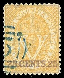 25¢ on 3p Orange used, blue partial numeral cancel, VF