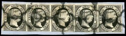 6¢ Black, a scarce used strip of five tied to piece by black ...