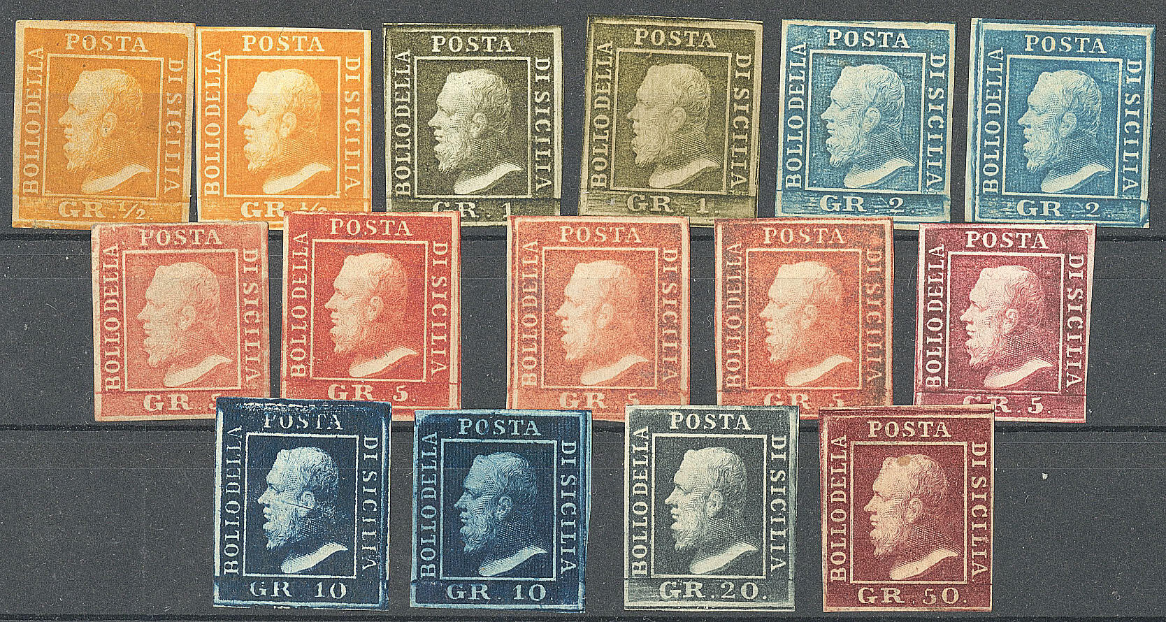Deux Siciles. Collection. Sicile 1859, entre les N°18 et 24, nuances ...