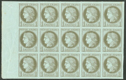 Non dentelés. Nos 50c, bloc de 15 ex bdf, 7 voisins. - TB (cote ...