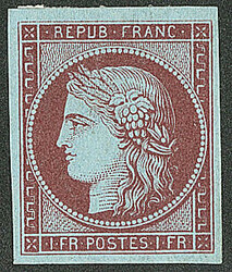 Cérès 1849. 1f carmin sur bleu. - TB (cote Yvert: 1800 €)