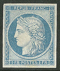 Cérès 1849. 1f bleu, papier pelure. - TB (cote Yvert: 850 €)