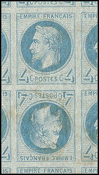 Empire lauré. Tête-bêche (case 25). 4c bleu papier pelure, panneau ...