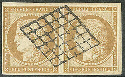 No 1, paire obl grille. - TB (cote Yvert : 900 €)