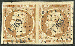 No 9, paire obl pc 1763. - TB (cote Yvert: 1900 €)
