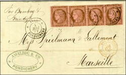 Càd INDE / PONDICHERY / Col. Gen. N° 18 bande de 4 sur lettre avec ...