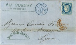 Càd bleu INDE / CHANDERNAGOR / Col. Gen. N° 23 sur lettre pour Lyon ...