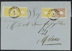 1859 - 2 s. giallo tre esemplari + 10 s. bruno su lettera del 10 ...