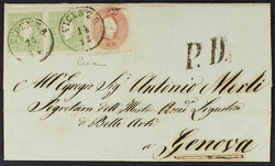 1861/62 - 3 s. verde giallo coppia orizzontale in affrancatura mista ...