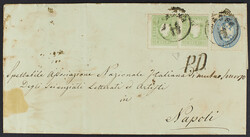1862/63 - 3 s. verde giallo due esemplari in affrancatura mista con ...