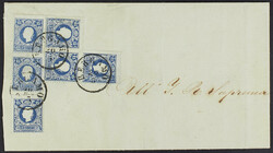 1859 - 15 s. azzurro tre esemplari singoli + blocco "a seggiola" di ...