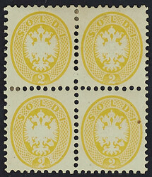 1865 - 2 s. giallo blocco di quattro - Piccola intrusione originaria ...