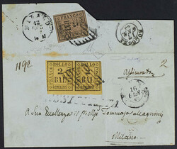 1859 - 2 baj. giallo arancio coppia orizzontale al recto + 5 baj. ...