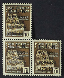 1945 - Valle Bormida - 10 c. non emesso blocco "a seggiola" di tre ...
