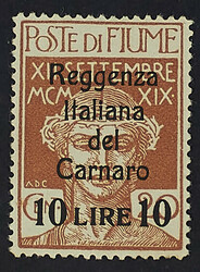 1920 - Reggenza Italiana del Carnaro - Nuova tiratura 10 L. / 20 c. ...