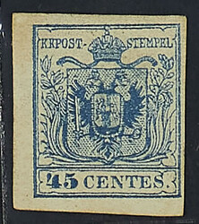 1856 - 45 c. azzurro - Raro e ben marginato - Cert. Colla - Firma A.D ...