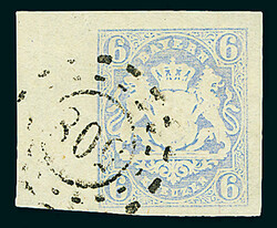 6 Kreuzer ultramarin, großes linkes Randstück mit 10mm breitem ...