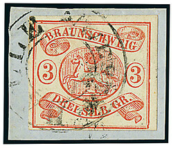 3 Sgr. lebhaftorangerot, vierseitig voll- bis breitrandig ...