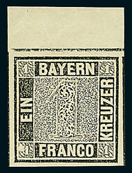 1 Kreuzer grauschwarz, Platte 1, Oberrandstück mit 8mm breitem ...