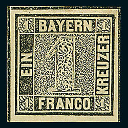 1 Kreuzer grauschwarz, Platte 1, von Feld 1 eines 45er-Viertelbogens ...