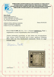 1 Kreuzer tiefschwarz, Platte 1, gute "b"-Farbe, vierseitig ...