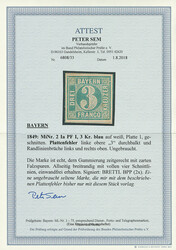 3 Kreuzer blau, Platte 1, Plattenfehler "waagerechter Strich durch ...