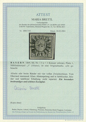 1 Kreuzer schwarz, Platte 1, Oberrandstück mit vier vollständigen ...