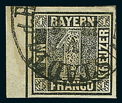 1 Kreuzer schwarz, Platte 1, linkes Randstück mit 5mm Bogenrand, ...