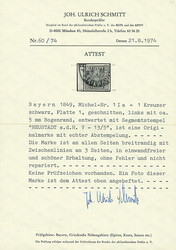 1 Kreuzer schwarz, Platte 1, linkes Randstück mit 5mm Bogenrand, ...