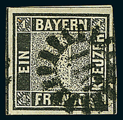 1 Kreuzer tiefschwarz, Platte 1, gute "b"-Farbe, vierseitig ...