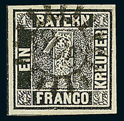 1 Kreuzer tiefschwarz, Platte 1, gute "b"-Farbe, vierseitig voll- bis ...
