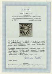 1 Kreuzer tiefschwarz, Platte 1, gute "b"-Farbe, vierseitig voll- bis ...