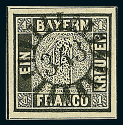 1 Kreuzer tiefschwarz, Platte 1, gute "b"-Farbe, vierseitig sehr ...